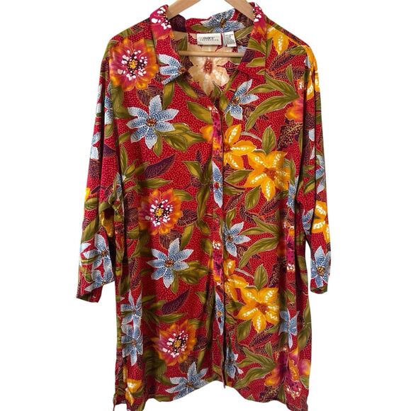 Bohemian Flower Women Top Size 2X Red Maximalist Tropical Travel Going Out Party - Picture 1 of 10